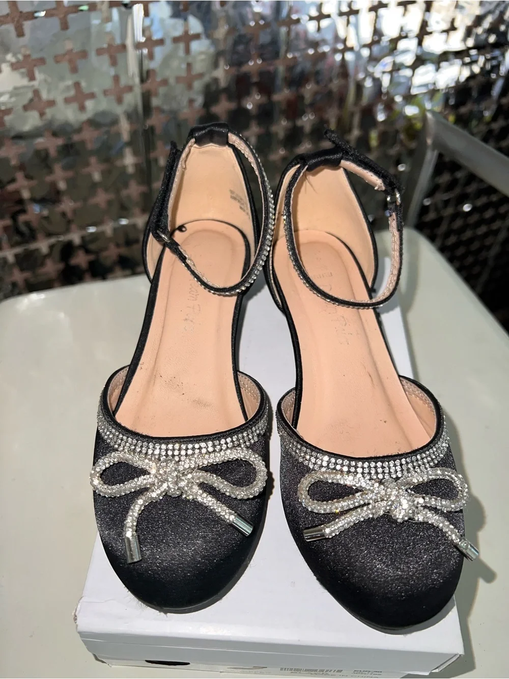 Black Satin Ankle-Strap Flats with Rhinestone Bow